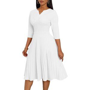 Midi Dress Women Pleated A Line V Neck 3/4 Sleeve Casual Wedding Guest